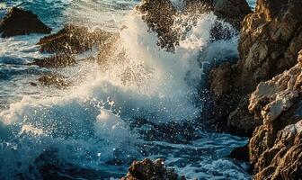 fechar-se do ondas falhando contra pedras ao longo a litoral foto