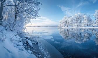 uma inverno panorama com uma congeladas lago e coberto de neve floresta foto