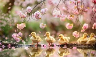 uma grupo do fofo patinhos bamboleando perto uma lagoa cercado de florescendo árvores foto