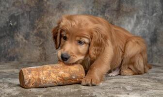 adorável dourado retriever cachorro jogando com uma mastigar brinquedo foto
