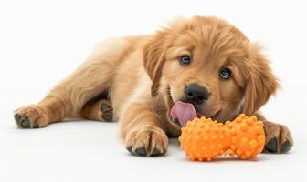 adorável dourado retriever cachorro jogando com uma mastigar brinquedo foto