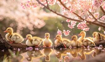 uma grupo do fofo patinhos bamboleando perto uma lagoa cercado de florescendo cereja árvores Primavera natureza foto