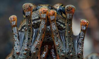 detalhado fechar-se do rana arvalis com membranas pés foto