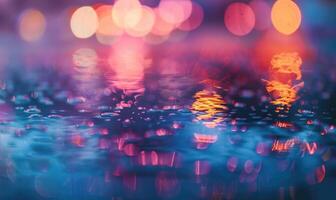 bokeh luzes refletindo fora água gotas em uma chuvoso dia foto