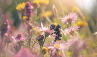 abelha colecionar pólen a partir de flores, fechar-se visualizar, seletivo foco foto