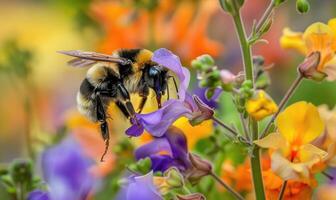 abelha colecionar pólen a partir de flores, fechar-se visualizar, seletivo foco foto