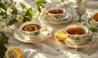 Preto chá com limão dentro vintage xícaras de chá foto