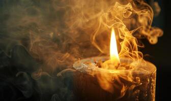 fechar-se do uma vela com fiapos do fumaça Aumentar a partir de a chama foto