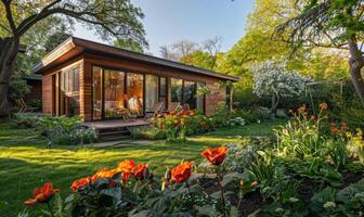 uma contemporâneo de madeira cabine com ampla janelas negligenciar uma sereno Primavera jardim preenchidas com vibrante flores e exuberante vegetação foto