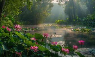 uma sereno lagoa cercado de florescendo Rosa lótus flores e exuberante verde folhagem foto