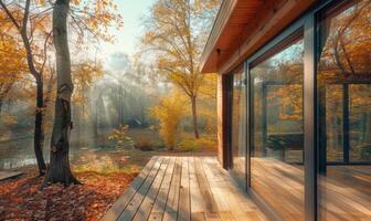 uma contemporâneo de madeira cabine com ampla janelas negligenciar uma sereno bosque panorama foto