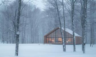 uma minimalista moderno de madeira cabine cercado de coberto de neve árvores dentro a inverno floresta foto