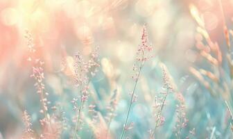 suave pastel bokeh luzes Misturando juntos dentro uma tranquilo cena, selvagem flores foto