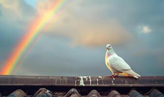 branco Pombo sentado em uma telhado com uma arco Iris dentro a céu foto