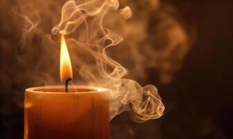 fechar-se do uma vela com fiapos do fumaça Aumentar a partir de a chama foto
