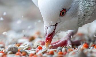 fechar-se do uma branco de pombo bico Como isto bicadas às espalhados pássaro sementes foto