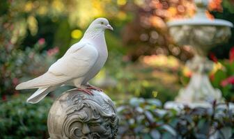 branco Pombo empoleirado em uma mármore estátua com uma Paz globo dentro a fundo dentro uma sereno jardim configuração foto