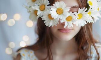 margaridas arranjado dentro uma floral coroa, jovem mulher dentro floral coroa, natureza beleza foto