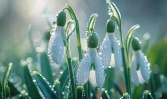 fechar-se do snowdrops com gotas de orvalho, Primavera natureza fundo foto