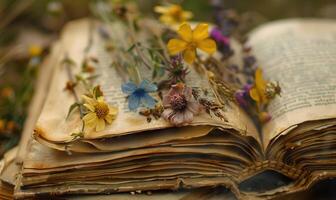 fechar-se do flores silvestres pressionado entre Páginas do a velho livro foto