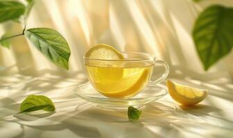 ervas chá e limão dentro uma Claro vidro copo foto