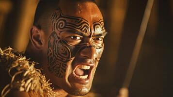 ai gerado uma maori homem com tradicional facial tatuagens é realizando uma haka dentro uma marae dentro Novo zelândia foto