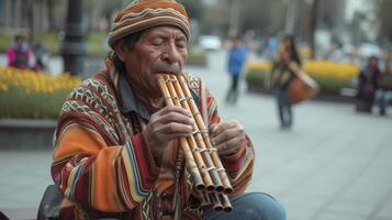 ai gerado uma sul americano rua artista é jogando a panela flauta dentro uma quadrado dentro lima, Peru foto