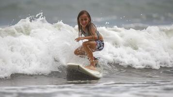 ai gerado uma Adolescência menina a partir de central América, com uma focado expressão e uma prancha de surfe, é equitação uma onda em uma de praia dentro costa rica foto