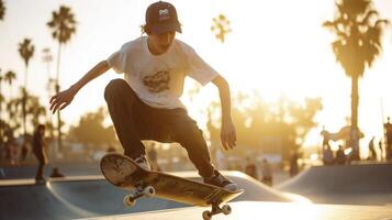 ai gerado uma Adolescência Garoto a partir de norte América, com uma beisebol boné e uma skate, é praticando truques dentro uma patim parque dentro los angeles foto