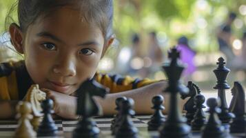 ai gerado uma Adolescência menina a partir de sudeste Ásia, com uma focado expressão e uma xadrez quadro, é jogando uma jogos do xadrez dentro uma parque dentro Manila, Filipinas foto