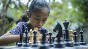 ai gerado uma Adolescência menina a partir de sudeste Ásia, com uma focado expressão e uma xadrez quadro, é jogando uma jogos do xadrez dentro uma parque dentro Manila, Filipinas foto