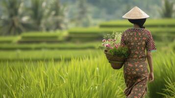 ai gerado uma Adolescência menina a partir de sudeste Ásia, com uma tradicional vestir e uma cesta do flores, é caminhando dentro uma arroz campo dentro Bali, Indonésia foto