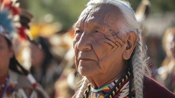 ai gerado uma nativo americano mais velho, com grandes branco tranças e uma resistido face, é realizando uma tradicional dança às uma powwow dentro arizona, foto