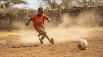 ai gerado uma jovem africano Garoto é jogando futebol em uma empoeirado campo dentro uma pequeno Vila dentro Quênia foto