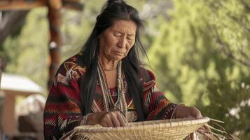 ai gerado uma nativo americano mulher dentro dela anos 40, com grandes Preto cabelo e tradicional roupas, é tecelagem uma cesta dentro Arizona foto