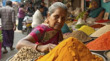 ai gerado uma sul ásia mulher dentro uma colorida saree é vendendo especiarias dentro uma lotado mercado dentro Mumbai foto