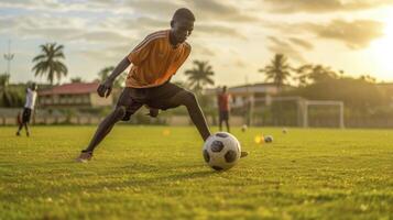 ai gerado uma jovem africano homem, com uma Veja do determinação e uma futebol bola, é praticando dele tiros em uma campo dentro Acra, Gana foto