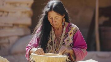 ai gerado uma nativo americano mulher dentro dela anos 40, com grandes Preto cabelo e tradicional roupas, é tecelagem uma cesta dentro Arizona foto