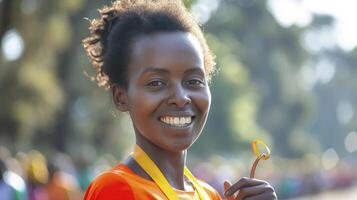 ai gerado uma jovem africano mulher, com uma Veja do realização e uma medalha, é a comemorar dela ganhar dentro uma maratona dentro Adis ababa, Etiópia foto