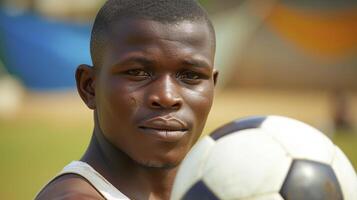 ai gerado uma jovem africano homem, com uma Veja do determinação e uma futebol bola, é praticando dele tiros em uma campo dentro Acra, Gana foto