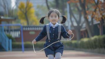 ai gerado uma jovem menina a partir de leste Ásia, com tranças e uma escola uniforme, é jogando com uma saltar corda dentro uma pátio da escola dentro Seul, sul Coréia foto