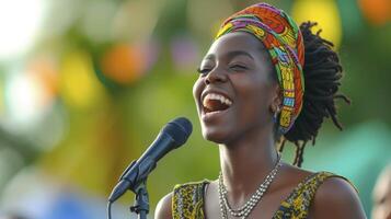 ai gerado uma jovem mulher a partir de a caribe, com uma alegre expressão e uma microfone, é cantando às uma música festival dentro Kingston, Jamaica foto