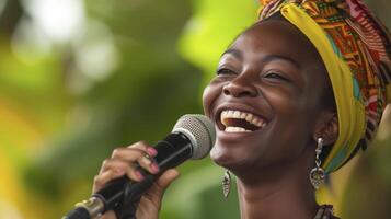 ai gerado uma jovem mulher a partir de a caribe, com uma alegre expressão e uma microfone, é cantando às uma música festival dentro Kingston, Jamaica foto