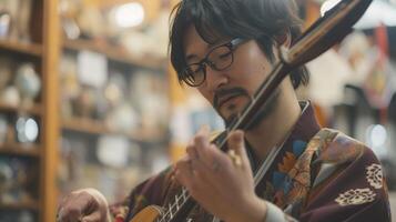 ai gerado a leste ásia homem dentro dele 30s, com óculos e uma barba, é jogando uma shamisen dentro uma música loja dentro Tóquio foto