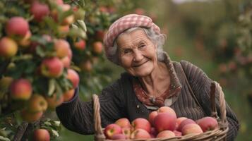 ai gerado a idosos mulher a partir de norte América, com uma alegre expressão e uma cesta do maçãs, é colheita maçãs dentro a Pomar dentro Washington, EUA foto