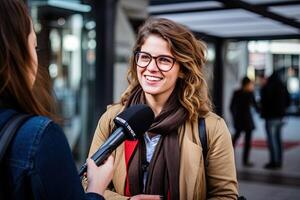 ai gerado mulher vestindo óculos Falando para a entrevistador foto