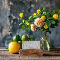 ai gerado Salve  a encontro branco quadra calendário para cinco de maionese, com limões, limões e flores ai gerado foto