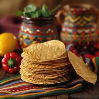 ai gerado cinco de maionese feriado celebração, nacional lanches nachos e tacos em colorida mesa. ai gerado foto