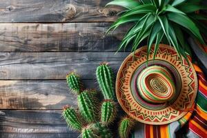 ai gerado cinco de maionese feriado fundo com mexicano cacto e festa sombrero chapéu. ai gerado foto