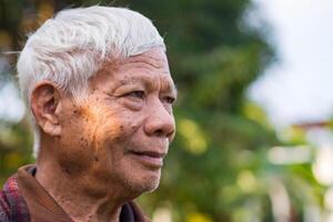 retrato do a idosos ásia homem sorridente e olhando acima enquanto em pé dentro uma jardim. espaço para texto. conceito do envelhecido pessoas e cuidados de saúde foto